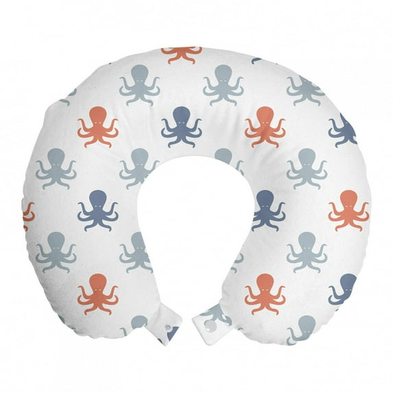 Octopus Travel Pillow Neck Rest, Ocean Animal Tentacles Silhouettes Sea Life Underwater Wildlife Abstract, Memory Foam Traveling Accessory Airplane and Car, 12", Blue Grey Cinnamon, by Ambesonne