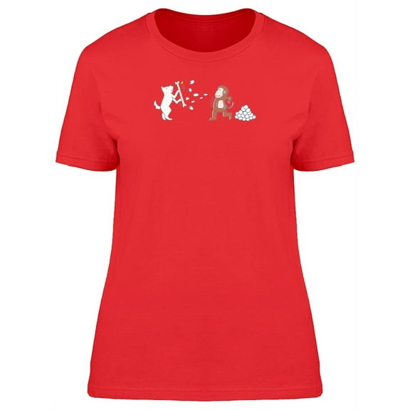 Monkey And Dog Snowball Fight T-Shirt Women -Image by Shutterstock, Female Medium