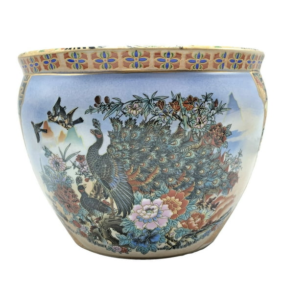 Japanese Satsuma Peacock Planter 10 inch - Oriental Furniture Warehouse
