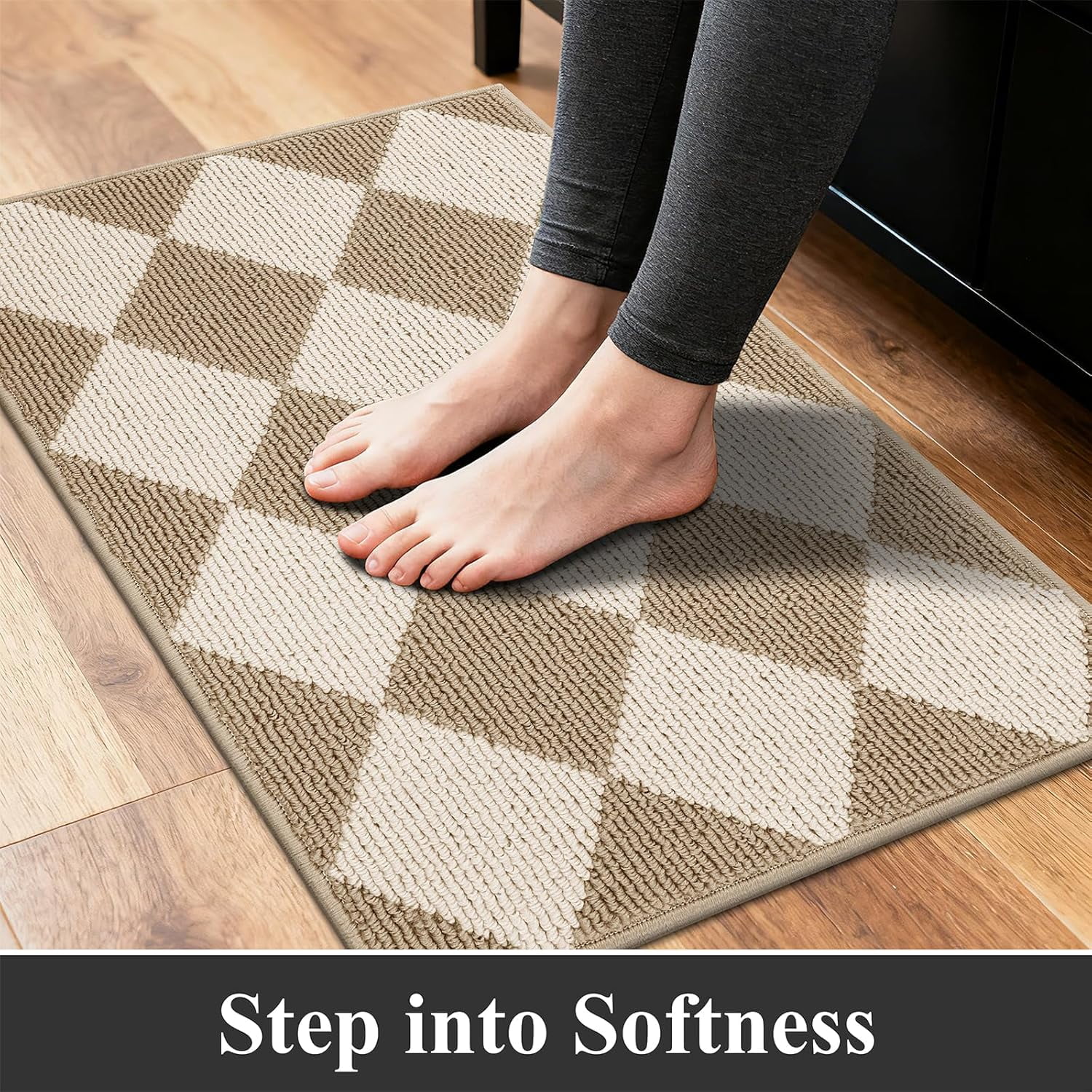 MeyJey Diamond Plaid Kitchen Rugs Sets of 3, Non Slip Kitchen Floor Mats Washable Kitchen Rug, Beige White
