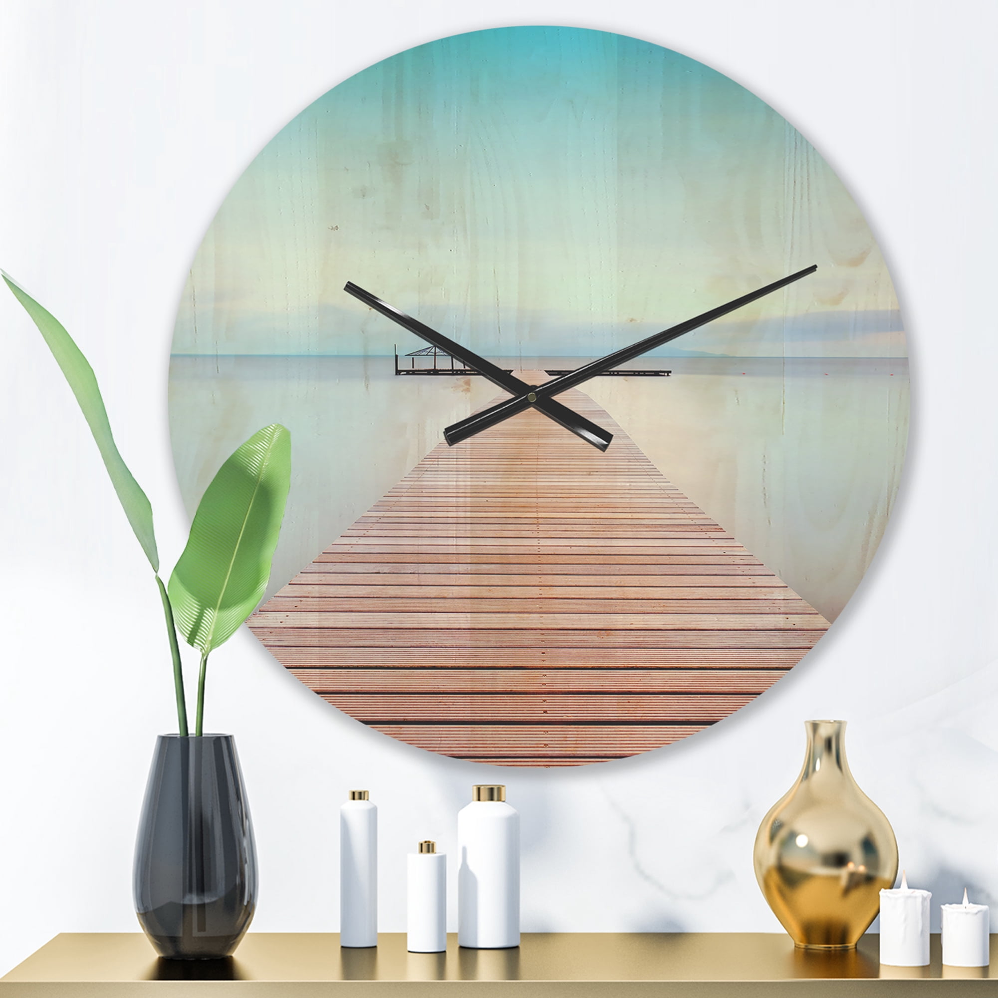Designart 'Wooden Pier On Lake in Cold Atmosphere ' Modern Wood Wall Clock