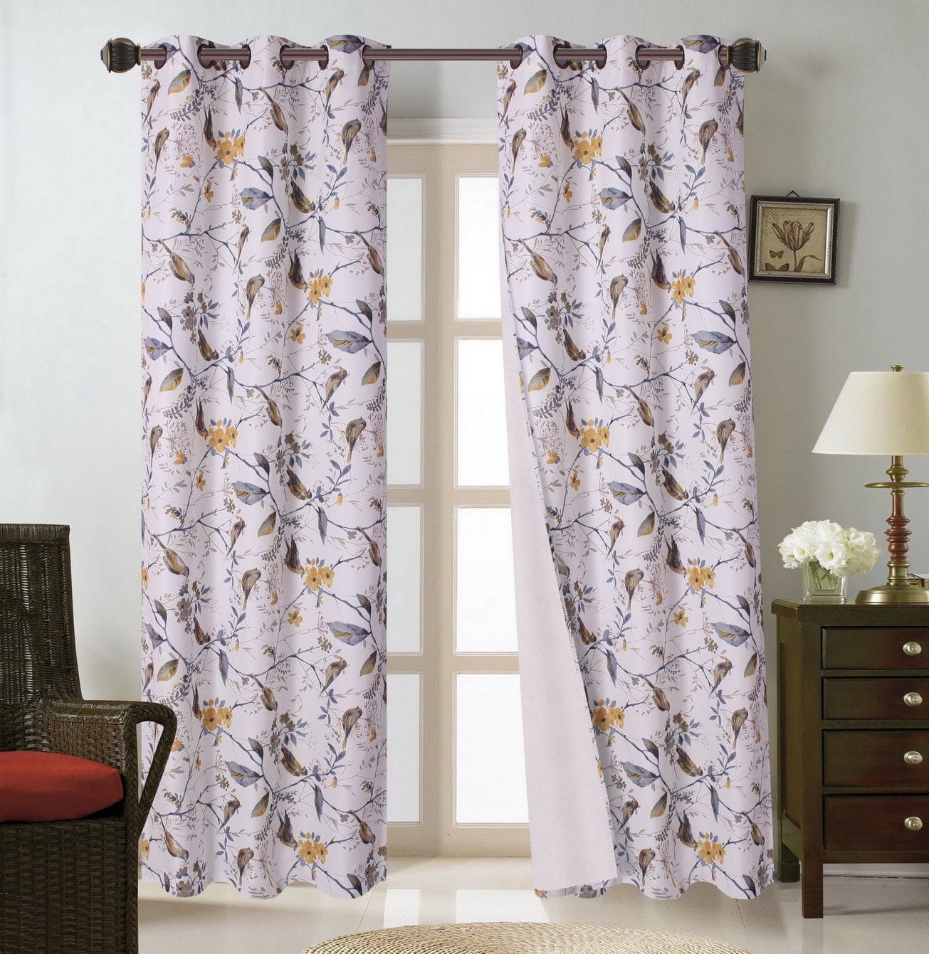 Floral11 2Pc Garden Birds Blackout Lined Grommet Window Curtain