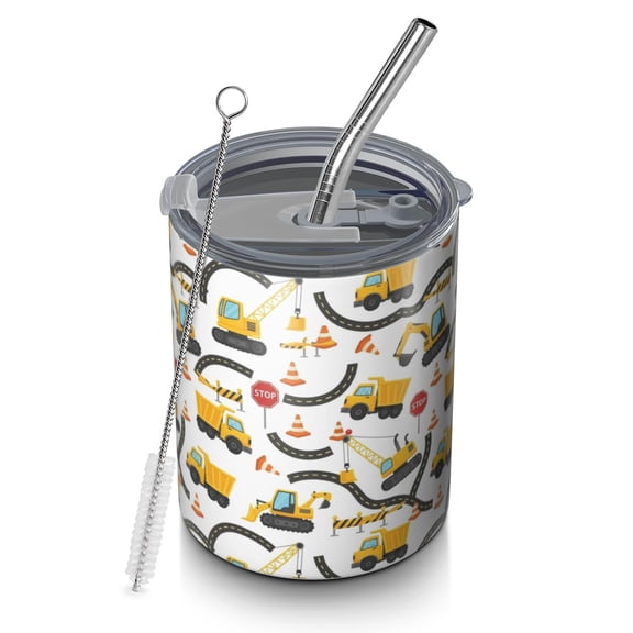12oz Coffee Tumblers Cartoon Construction Vehicles Roads Stainless Steel Vacuum Insulated Travel Tumbler Coffee Cups Mug with Lid and Straw with Cleaning Brush for Cold & Hot Drinks