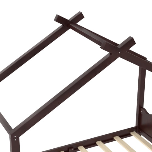 Twin Size House Floor Bed with Roof, Floor Bed with Slats Support, Low Profile House Bed with Headboard & Footboard, Twin Size Platform Bed, Espresso