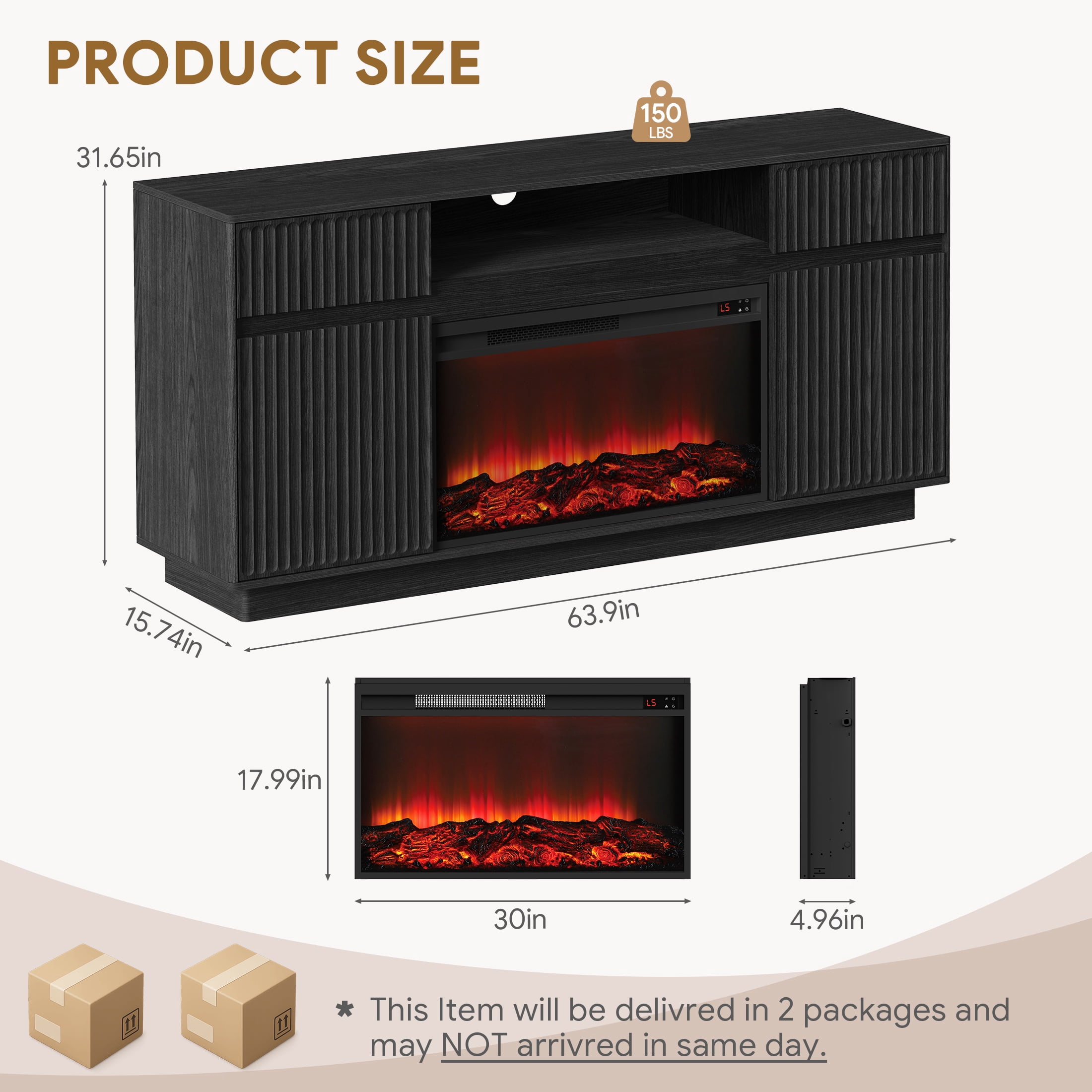 SESSLIFE Fireplace TV Stand for 70 Inch TV, 31'' Tall Mid Century Modern Fluted TV Stand with 2 Cabinets & Drawers, Entertainment Center with 3D Flame Electric Fireplace Heater, Black