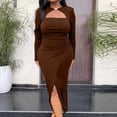 thumbnail image 2 of Elainilye Fashion Dresses for Women 2024 Solid Color Wrap Buttocks Flounce Short Sleeve V-Neck Mid-Calf Dress,Brown, 2 of 9