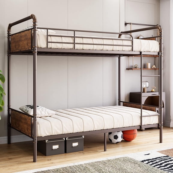 Twin Over Twin Detachable Metal Bunk Bed, Convertible Double Single Bed with Safety Guardrail Ladder, Space Saving Sturdy Bedroom Furniture, Brown