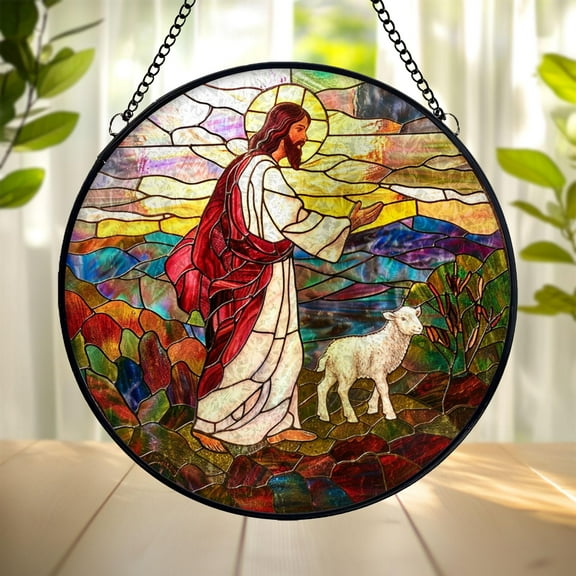 Jesus with Lamb Stained Glass Suncatcher, Christian Style Window Hanging Ornament, Religious Faith Home or Church Decor