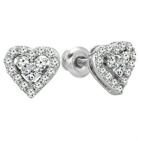 - 0.55 Carat (ctw) 10K White Gold Round & Princess White Diamond Heart Shaped Earrings