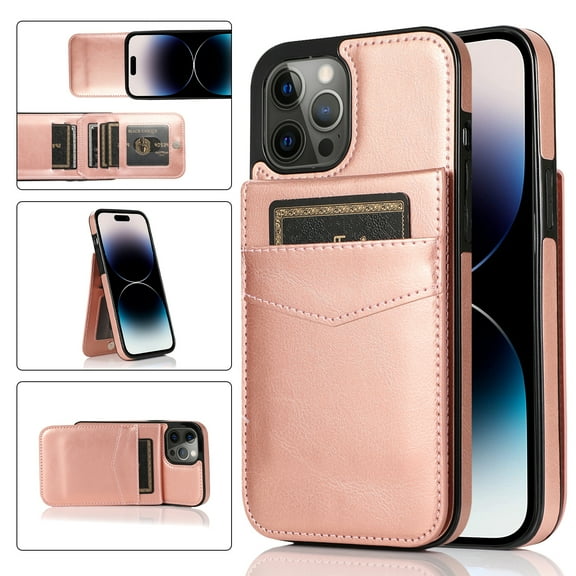 Compatible with iPhone 12/12 Pro Case Wallet with Credit Card Holder, Premium PU Leather Magnetic Clasp Kickstand Heavy Duty Protective Shock Absorbing Phone Cover for iPhone 12/12 Pro, Rosegold