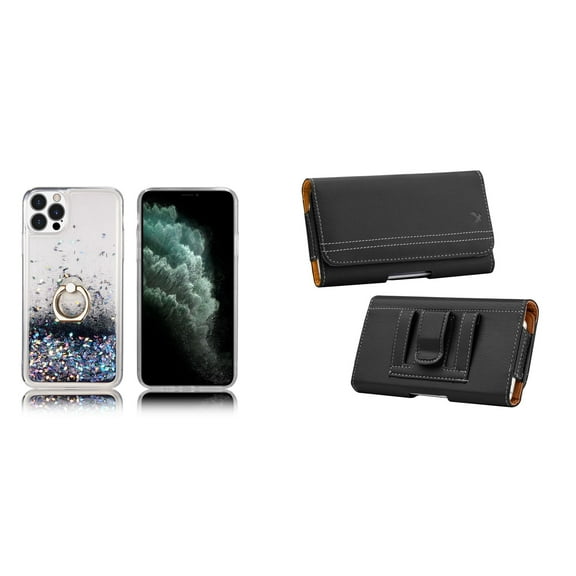 Waterfall Liquid Glitter Stand Case and Belt Holster Pouch for iPhone 14 Pro Max - Black