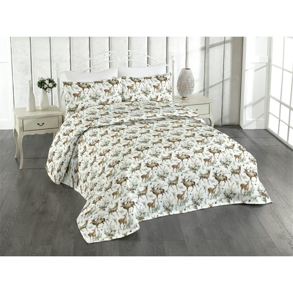 Ambesonne Woods Quilted Bedspread Set 3 Pcs, Antler Reindeer Floral Spring, King, Brown Laurel Green and White