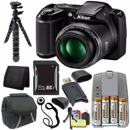 Nikon COOLPIX L340 Digital Camera (Black) - International Version (No Warranty) + 4 AA Pack NiMH Rechargeable Batteries and Charger + 32GB SDHC Card + Case Saver