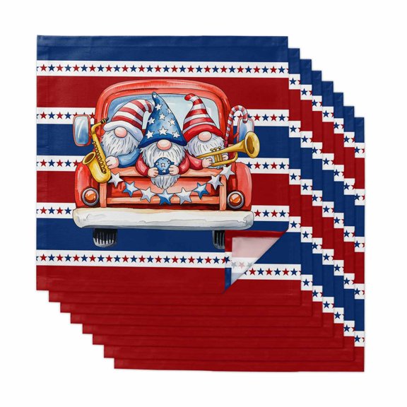 Patriotic Gnomes Cloth Napkins, Independence Freedom Blue Red Striped Washable and Reusable Dinner Napkins Set of 8, Table Napkin for Kitchen Party Birthday Wedding Hotel Housewarming 20"x20"