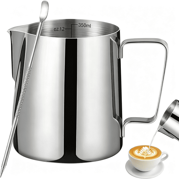NORIZF 12Oz Milk Frother Cup, Milk Frothing Pitcher with Decorating Pen | Latte Art Pour Steamer Cup&Espresso Steaming Jug with Handle for Cappuccino Coffee Machine Accessories, Stainless Steel