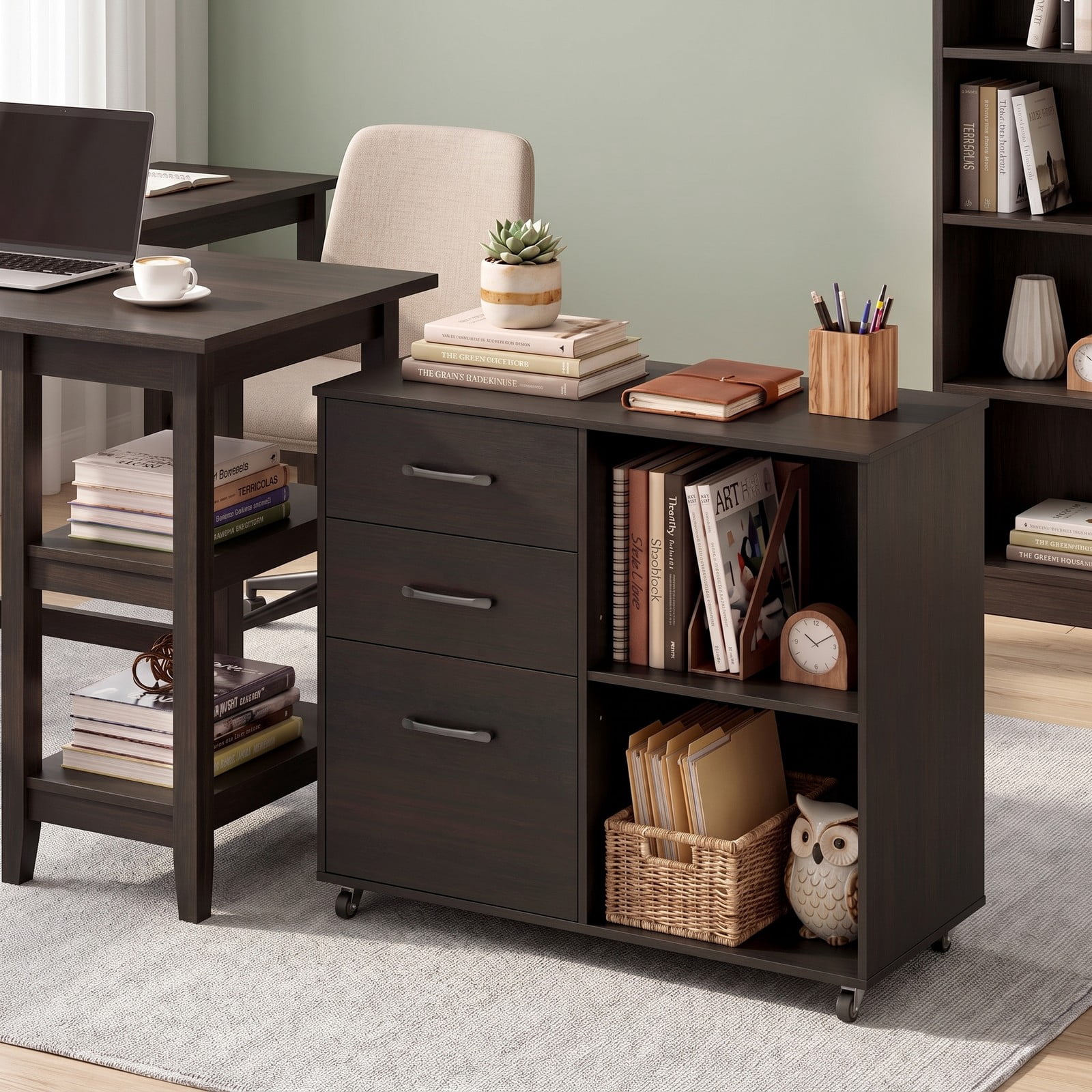 Furnibear 3-Drawer Mobile Lateral File Cabinet Printer Stand, Rolling Wood Filing Cabinet with Lockable Casters and Adjustable Shelf for Home Office, Fits, Dark Brown