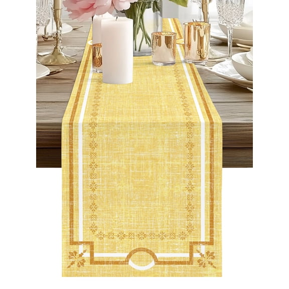 Table Runner Yellow Linen Border Table Runners Floral Lines Frame Cotton Linen Dresser Scarf Kitchen Dining Table Decor for Holiday Party Home Decor 13x72 Inch