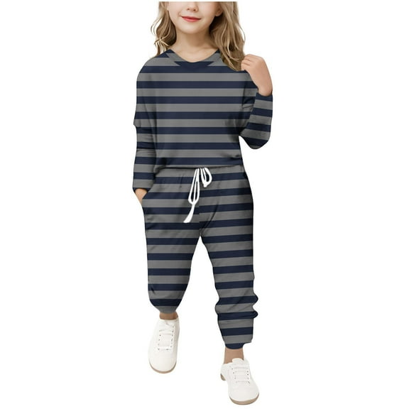 Gpaecead Girls' Long Sleeve Stripe Tops & Slim Pants 2-Piece Clothing Set 13 Years Navy