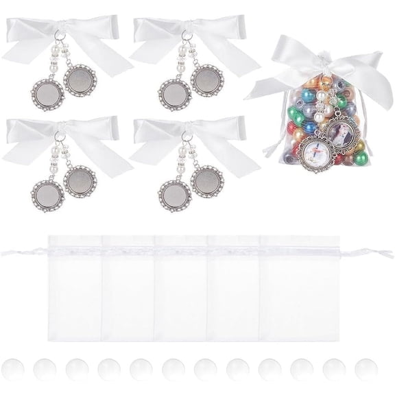 6PCS Wedding Bouquet Photo Charm with 12PCS Round Glass Cabochons Memory Bow Pearl Charm Bridal Bouquet Charm Holder Picture Frame with Satin Ribbon Pearl for Bridal Party