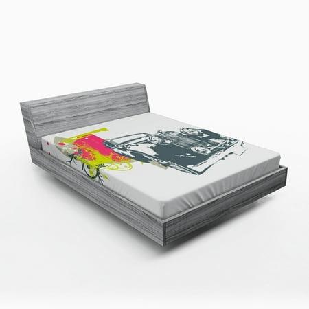 Vintage Fitted Sheet Pop Art Retro Custom Classic Car Grunge Effects Illustration, Soft Decorative Fabric Bedding, Lime Green Slate Blue, by Ambesonne