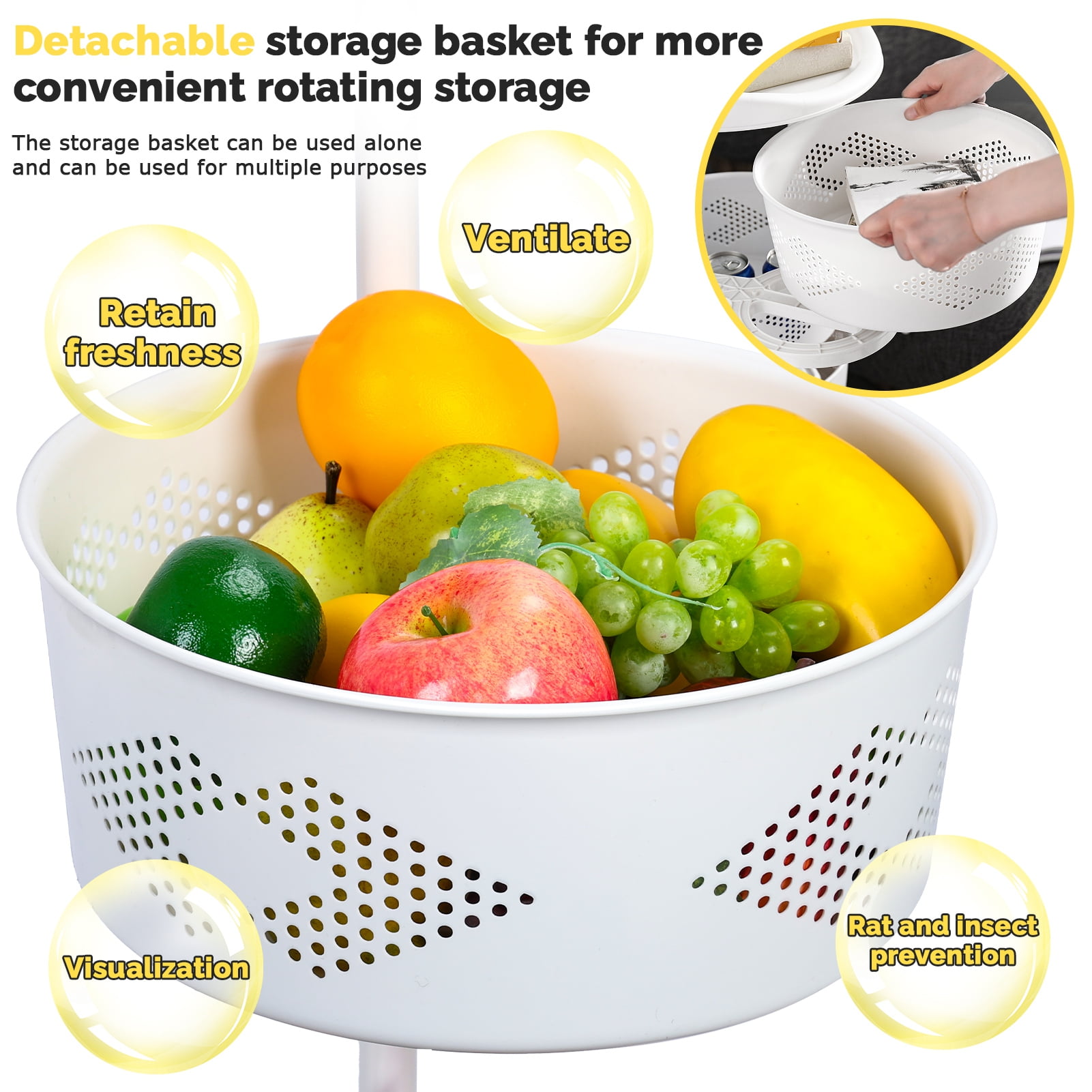 Aqzb Fruit Vegetable Storage Basket for kitchen, 5-Tier Rotating Round Plastic Baskets, PP Top & Wheels, Kitchen Storage Bins Stand Rack Cart for Onions Potatoes, Snack Rack for Living Room