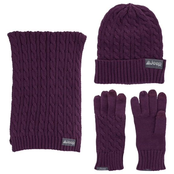 Jeep Women's 3 Piece Cable Knit Scarf, Beanie, and Gloves Set - One Size Fits Most