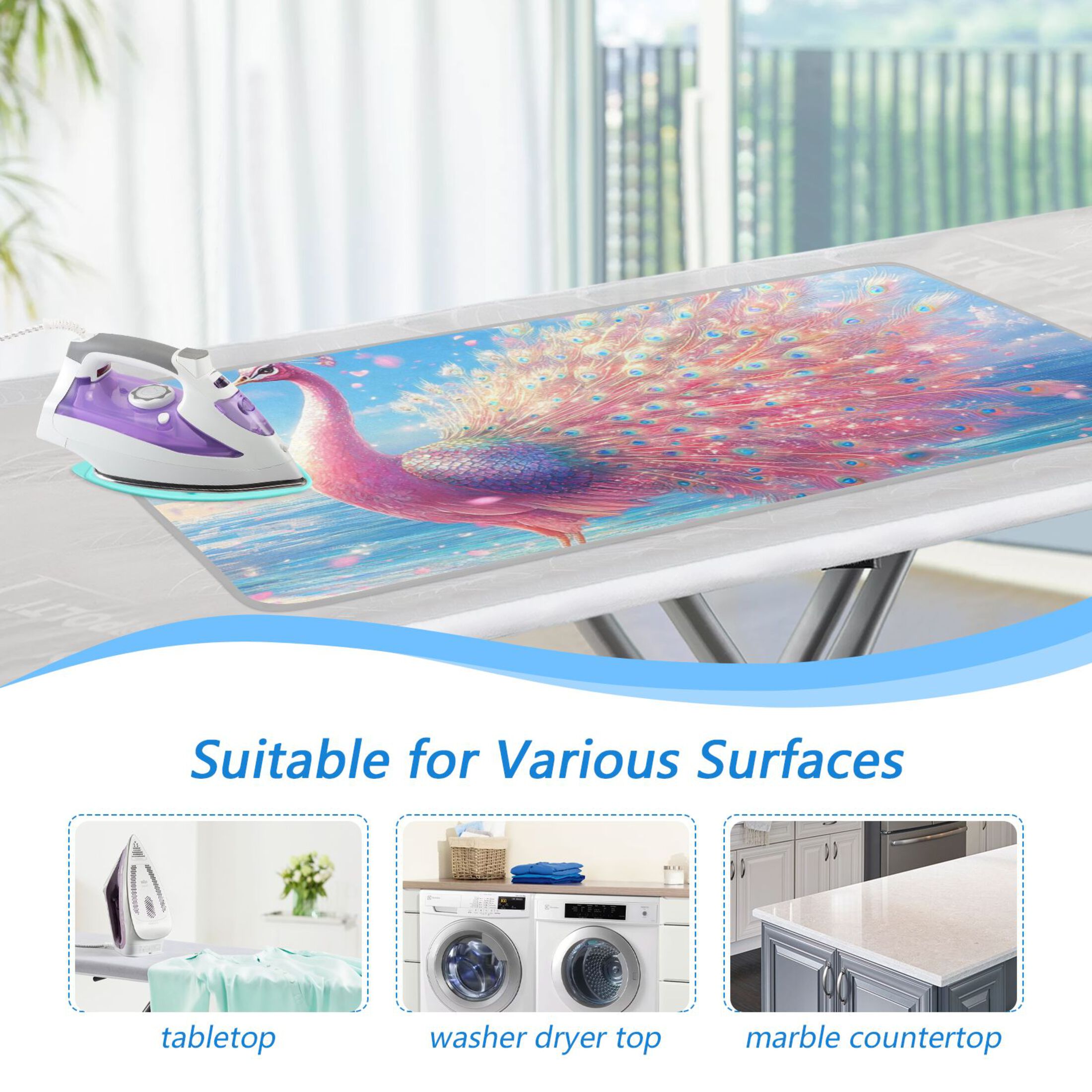 Pinkish Peacock on Beach Cherry Blossom Ironing Mat Blanket Portable Travel Ironing Pad Heat Resistant Pad 47.2" x 27.6”