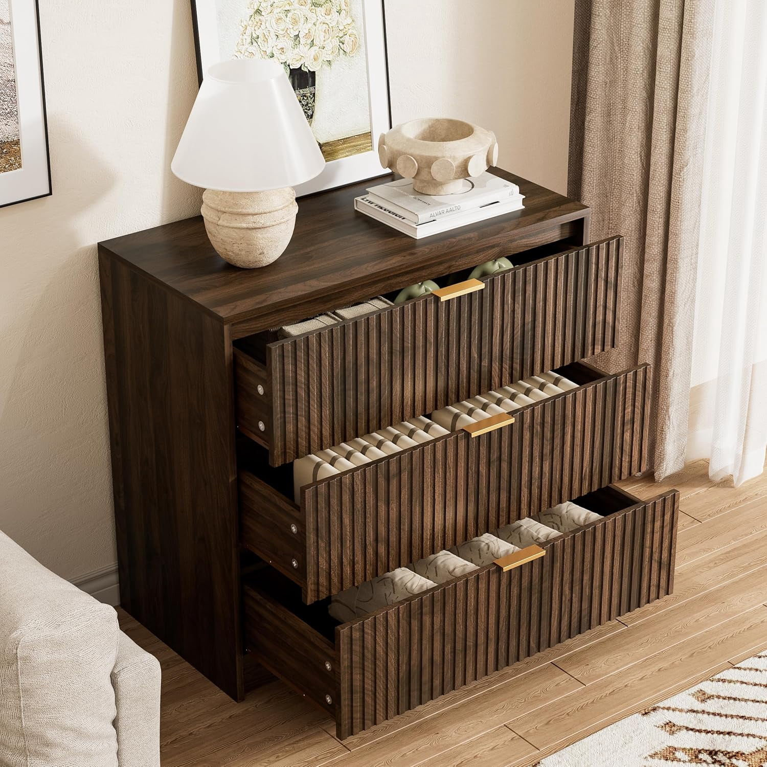 Walnut Dresser for Bedroom, Modern Dresser with 3 Drawers and Smooth Slides, Wide Chest of Drawers with Golden Handles for Bedroom, Living Room, Closet, 15.7" D x 31.5" W x 29.6" H