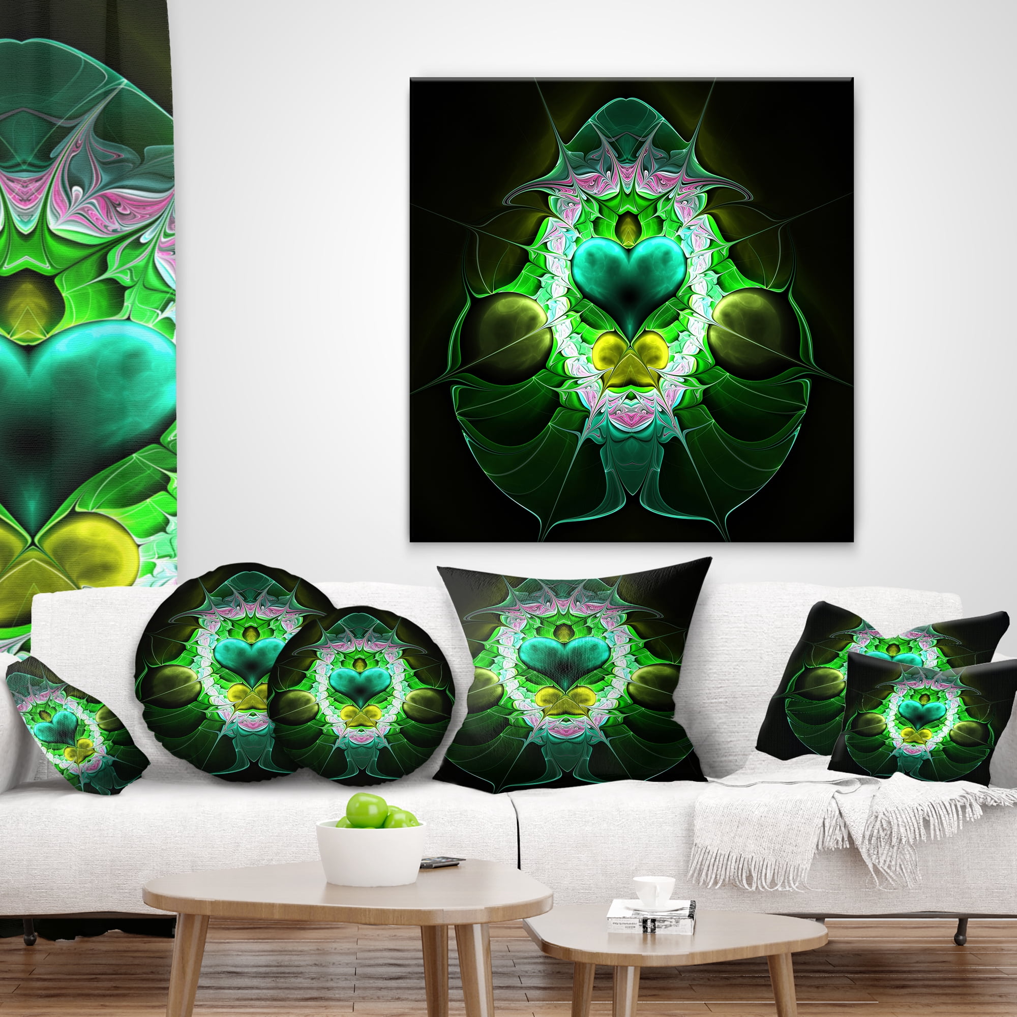 Designart Large Symmetrical Fractal Heart Green - Abstract Throw Pillow - 12x20
