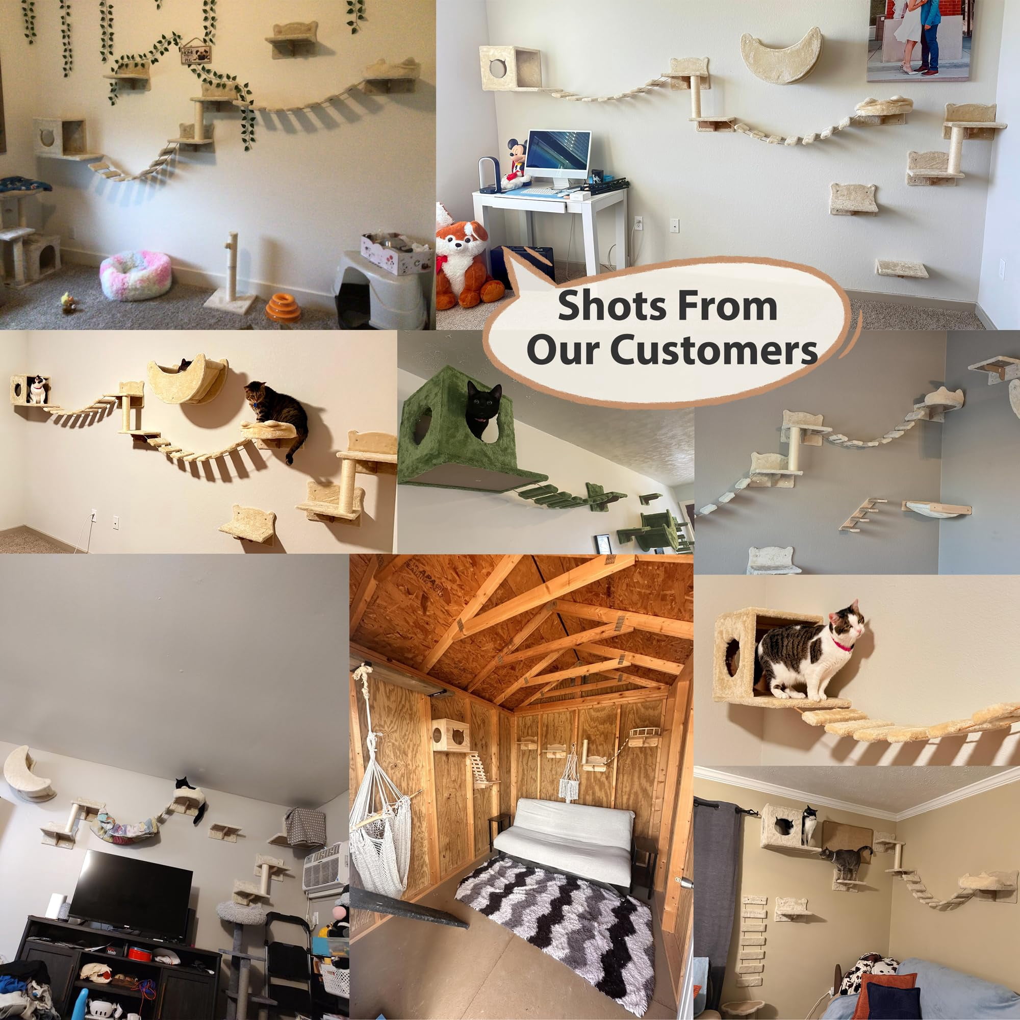 13-in-1 Cat Wall Shelves  Mounted Cats Furniture Set With Plush Fabric Climbing Systems Shelf Moon Hammock Condo House Step Bridge Ladder Green