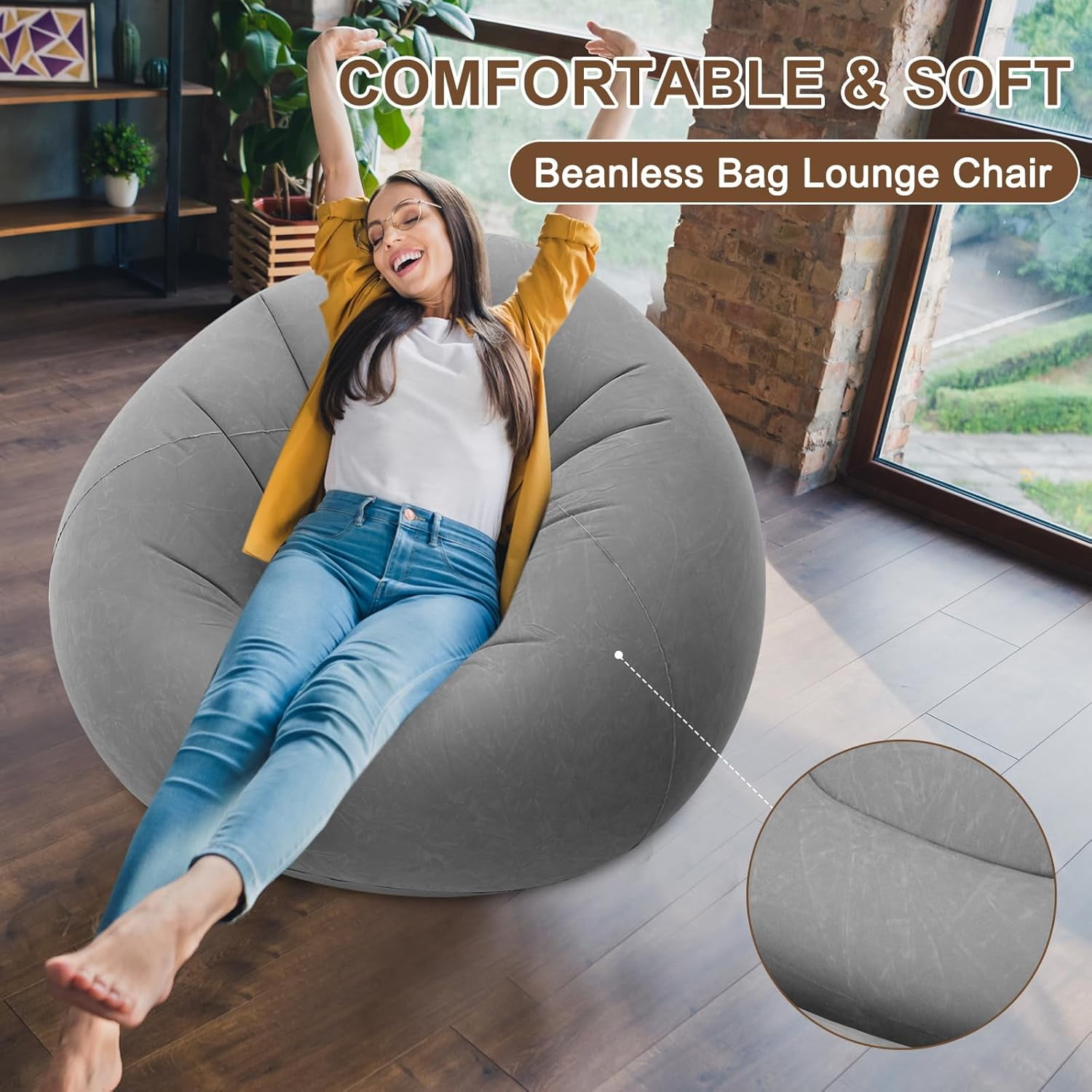 Inflatable Bean Bag Chairs for Adult Blow up Chairs Lazy Sofa Folding Portable Inflatable Chair for Movie Outdoor Room Bedroom Reading Camping(Grey)