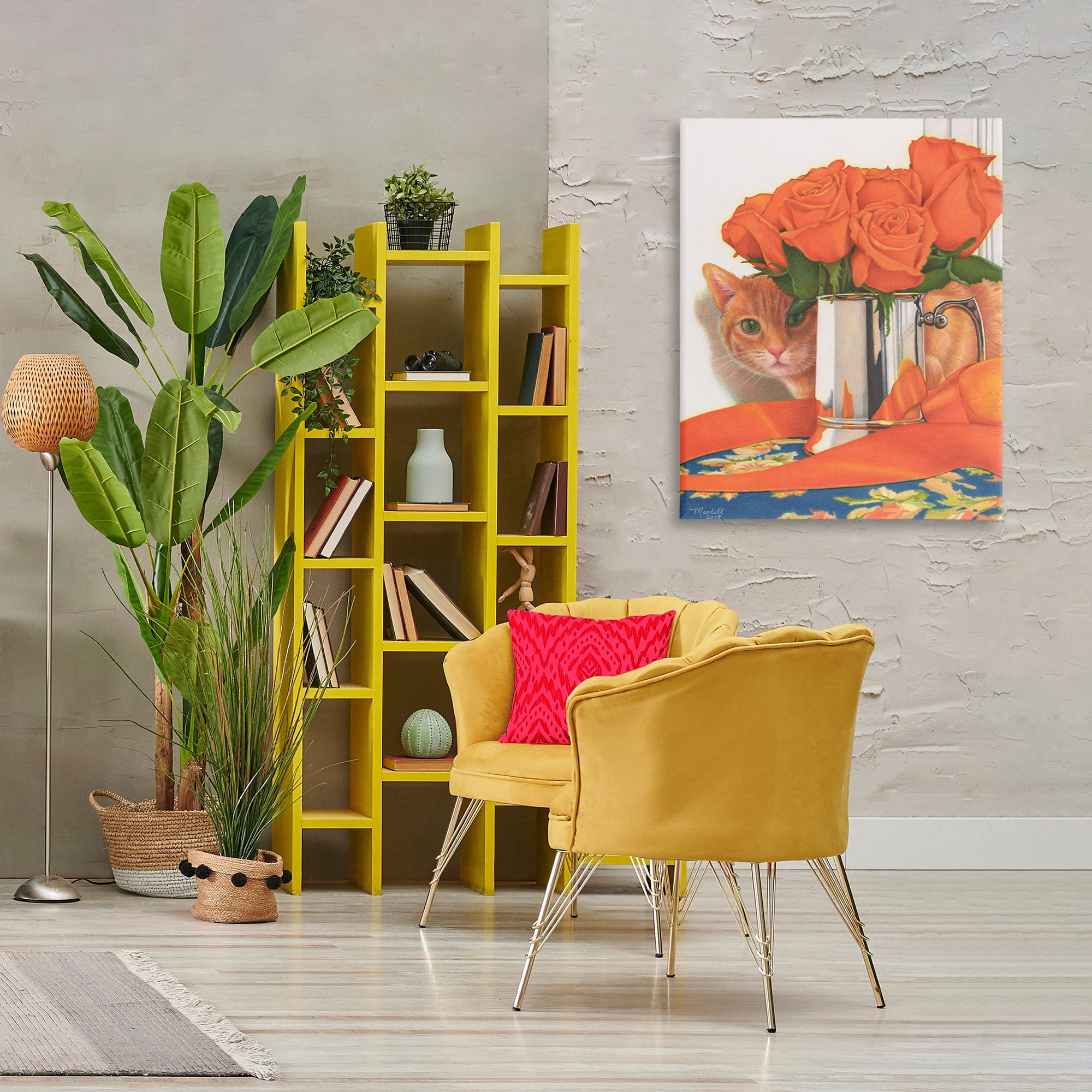 Stupell Industries Cat Peeking Rose Bouquet Animals & Insects Painting Gallery Wrapped Canvas Art Print Wall Art, 30 x 40