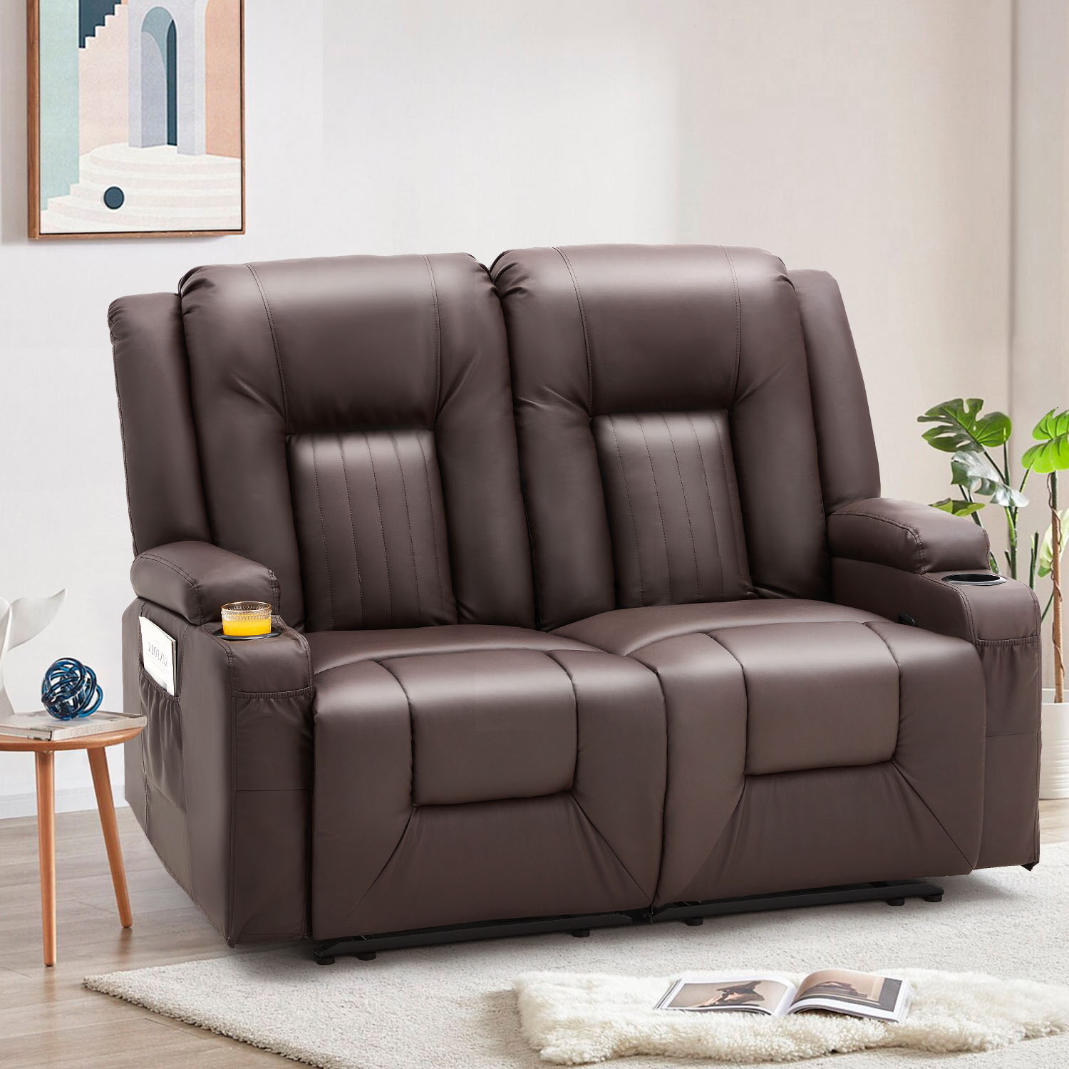 YODOLLA Manual Reclining Loveseat with Cup Holders&Side Pockets, PU Leather Double Recliner Loveseat  Home Theater Seating-Brown