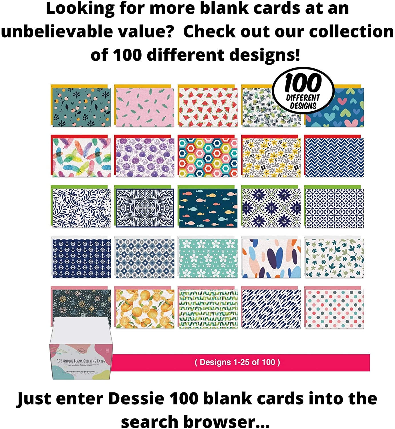 Dessie 50 Blank Greeting Cards and Envelopes with Unique Designs for All Occasions, 4” x 6”