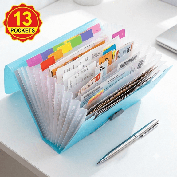 File Folder with 13 Pockets Clear Bill Receipt Organizer Portable Lightweight Paper Storage Clip Compact Document Clip for Office Home Travel Coupon Invoice Sorting Supplies 1 Pack