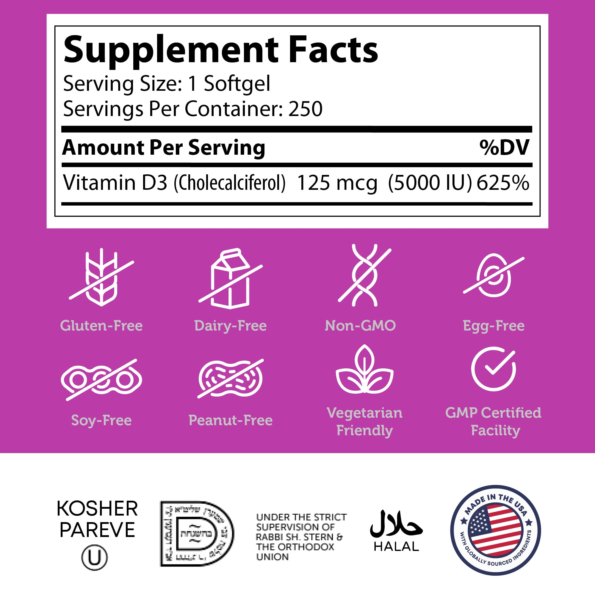Zahler Vitamin D3 5,000 IU Softgels, 250 Count, Advanced D3 Formula for Immune Support and Bone Health, High Potency Vitamin Supplement