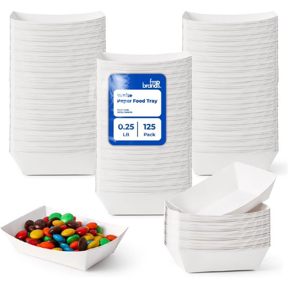 Fit Meal Prep [125 Pack 0.25 lb Paper Food Trays Heavy Duty Disposable Food Boats, White Nacho Tray for Parties Fairs Picnics Carnivals, Holds Sause Candies Nut Grease Resistant