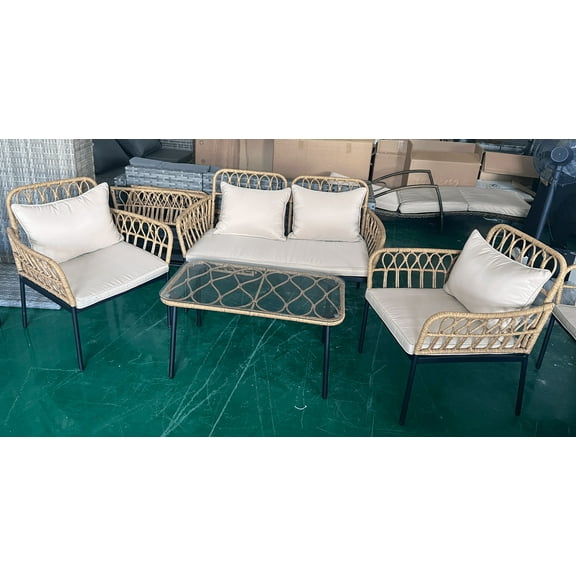4-Piece Wicker Patio Set with Iron Frame, PE Rattan, Glass Table, and Cushions – Beige and Cream