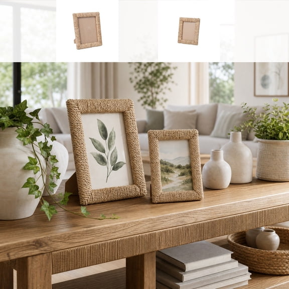 Honed Woven Seagrass Photo Frame, Khaki Wood Boho Wall Art, Natural Textured Display for Living Room Bedroom, Topliu