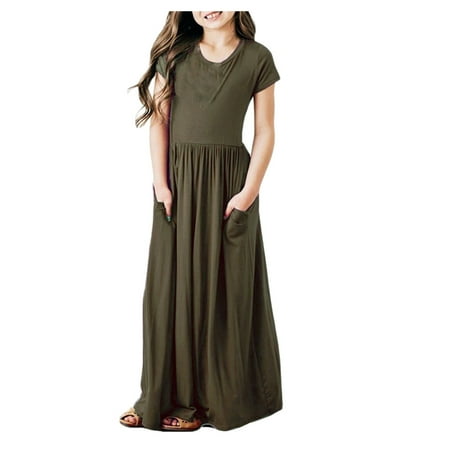 

DNDKILG Baby Toddler Girl Summer Dresses Dress Short Sleeve Sundress Army Green 2Y-8Y 140