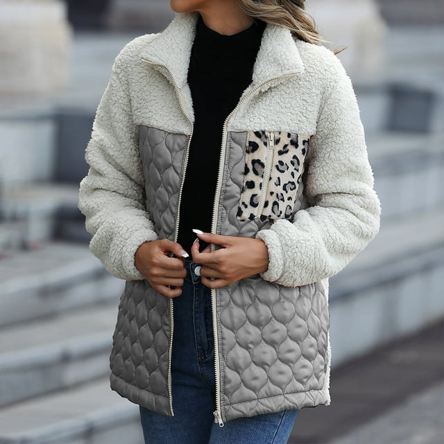 EGNMCR Winter Coats for Women Warm Fleece Plush Zipper Stand Collar Jacket Color Block Patchwork Comfy Wool Coats with Pockets