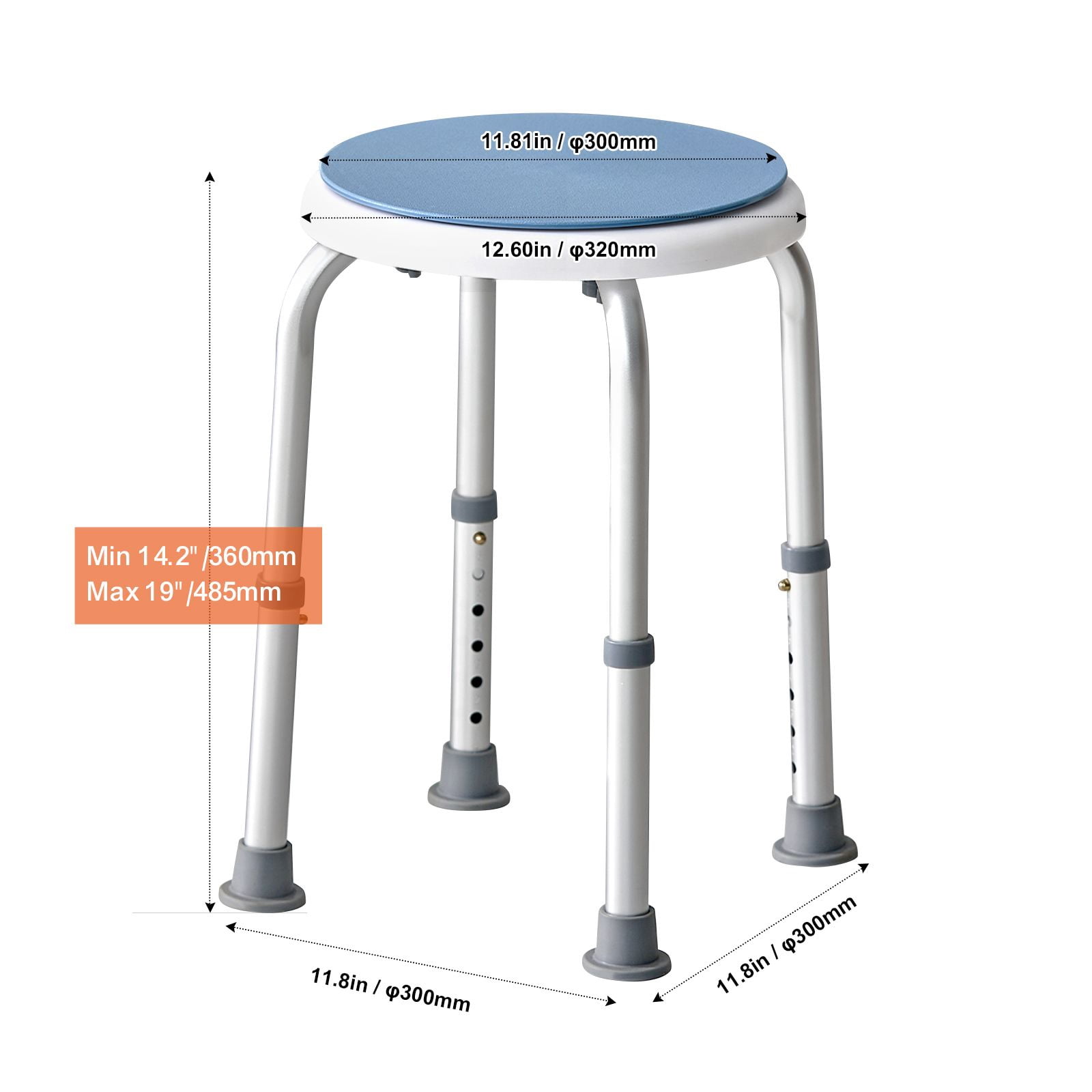 Rotatable Shower Stool 360° 300 lbs Capacity 6 Height Settings Non-Slip PP/Aluminum for Bathroom Bathtub