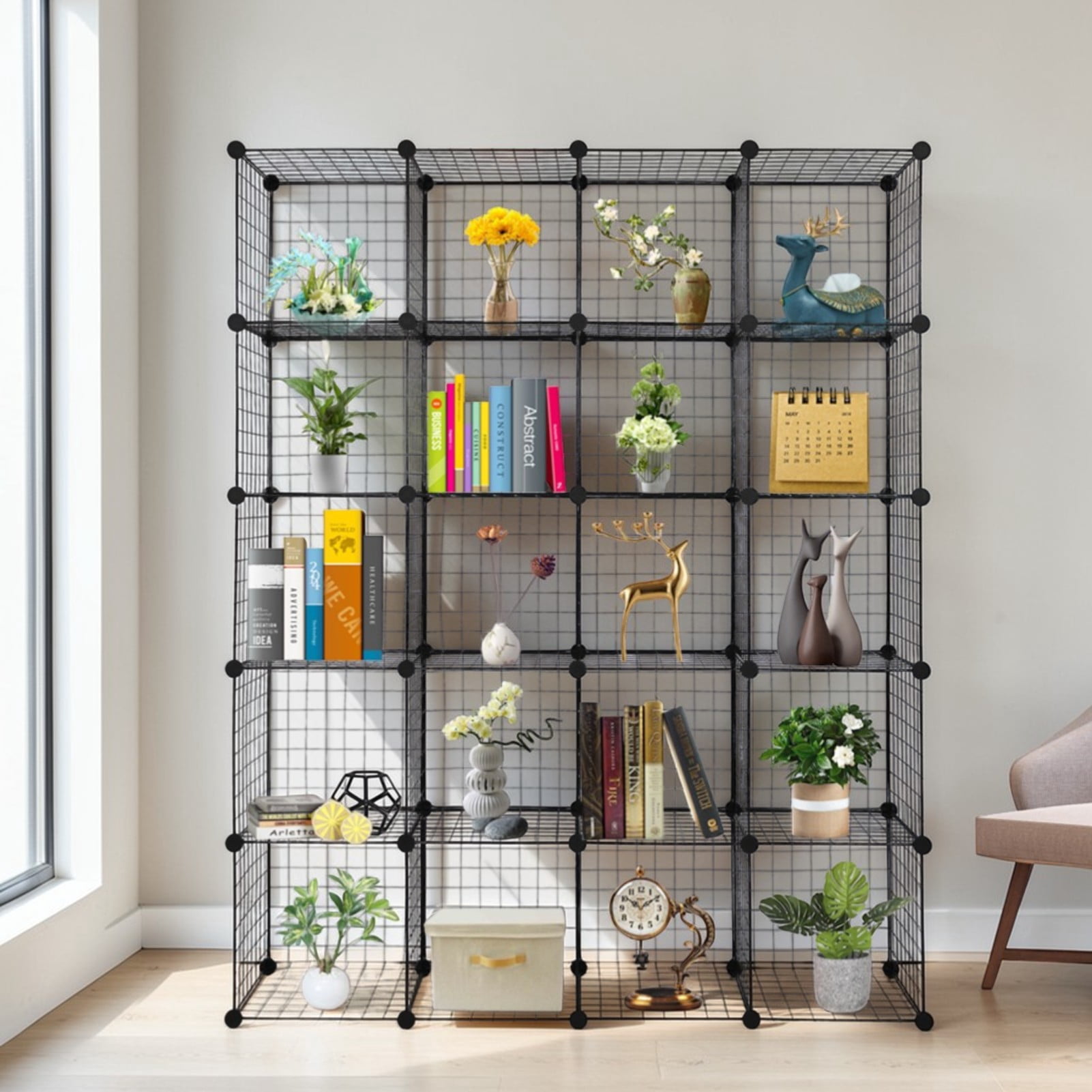 Tcbosik 20 Cubes Metal Modular Bookcase, Stackable Grid Storage Shelves, 47"L x 14"W x 70"H, Black