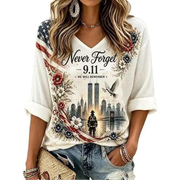 Womens Tie Dye 9/11 Memorial V Neck T Shirt 25th Anniversary Never Forget Patriotic Graphic Tee 3/4 Sleeve Tops