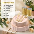 thumbnail image 3 of Daluvenix 350 Pcs Pink Plastic Dinnerware Set for 50 Guests,  Disposable Dinnerware Sets Include 100 Gold Rim Plastic Plates, 50 Silverwares, 50 Cups, and 50 Napkins for Party, Wedding, Holidays, 3 of 9
