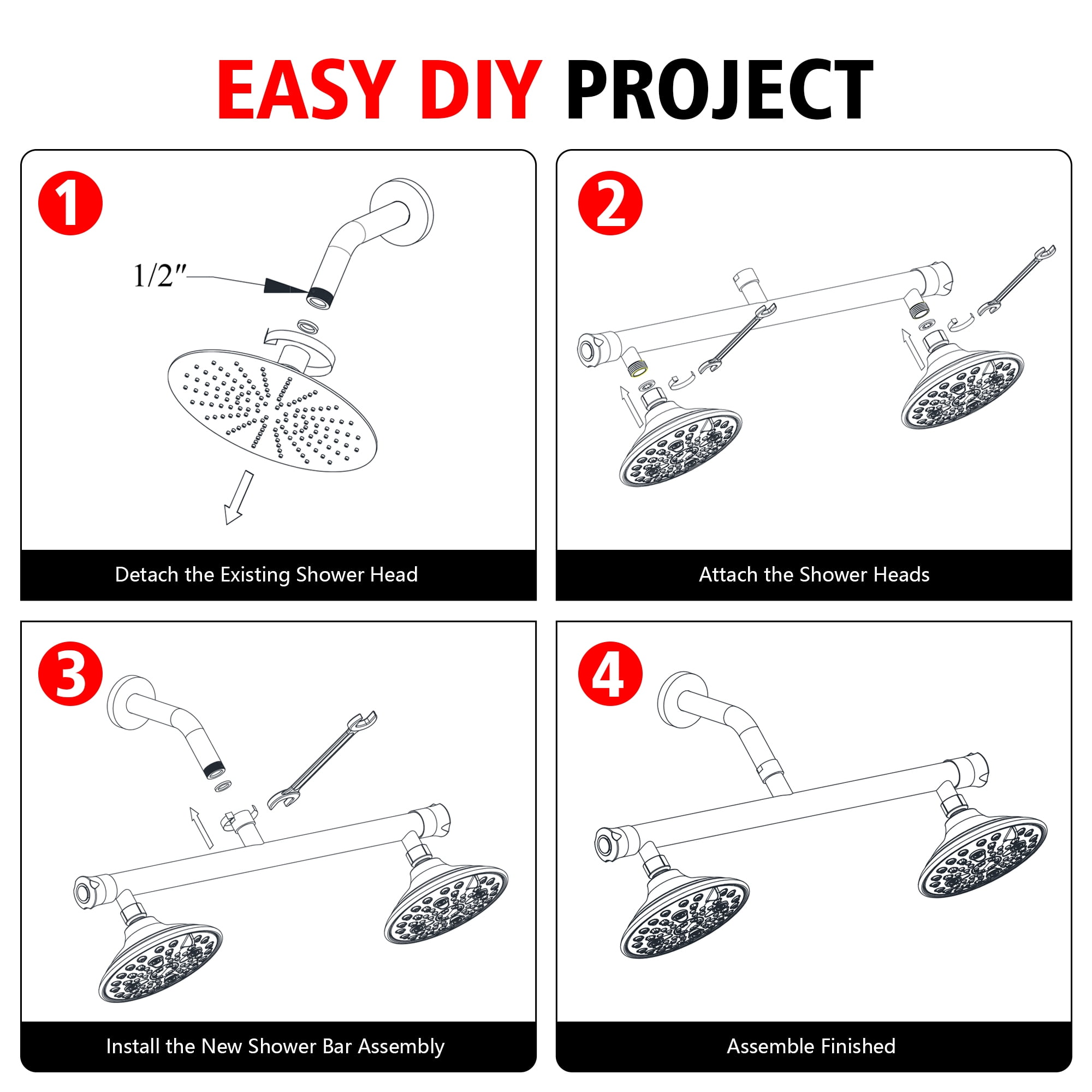 sumerain Brushed Gold Dual Showerheads for Couples with 6 Modes & Shut-off Valve, 2-in-1 Double Showerhead System for Two People