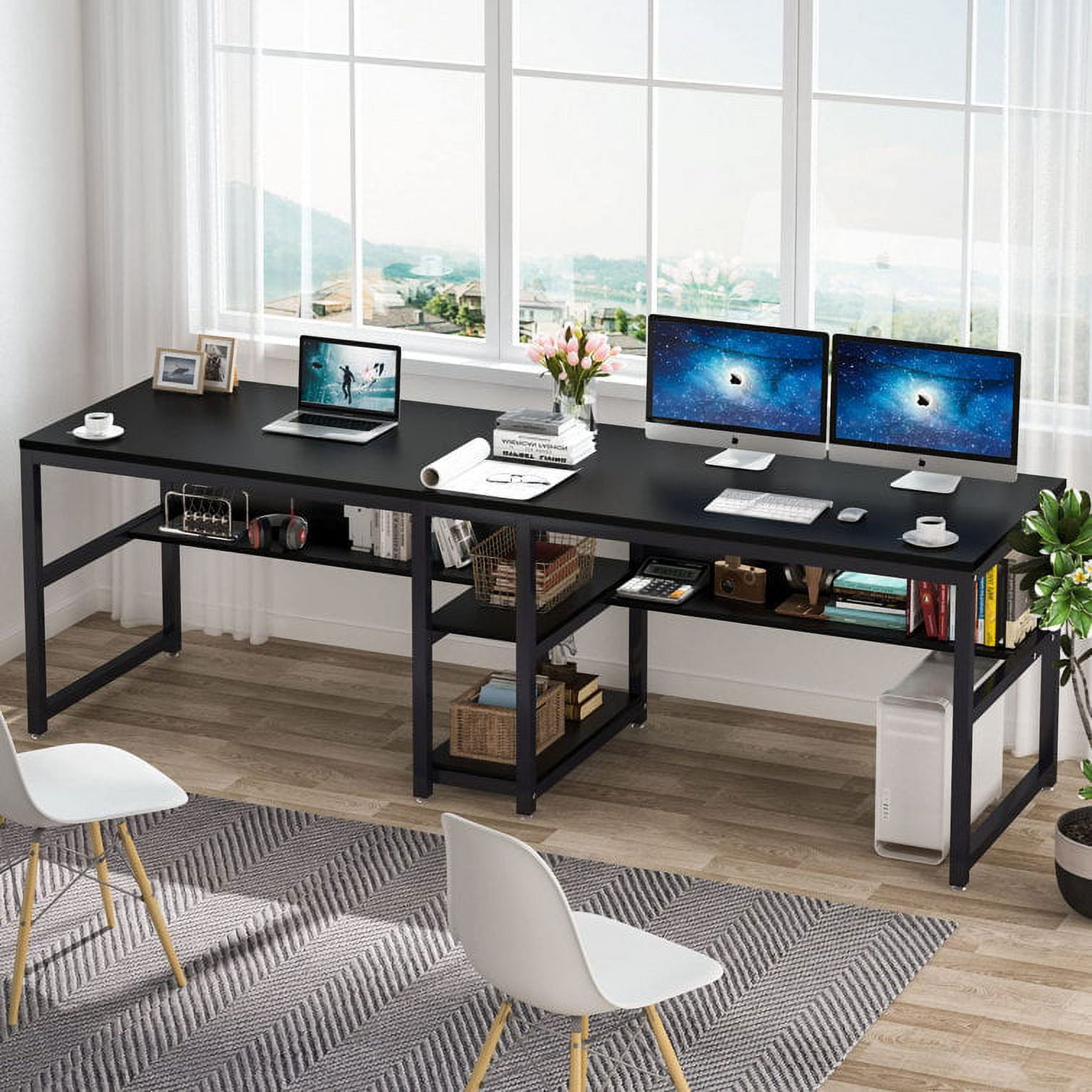 Cassey 78.7 in. Retangular Black Wood and Metal Computer Desk Double D