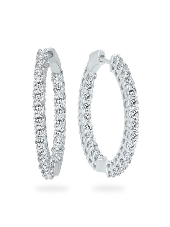 Women's 3 Carat TW Round Diamond Hoop Earrings with Push Down Button Lock in 14K White Gold