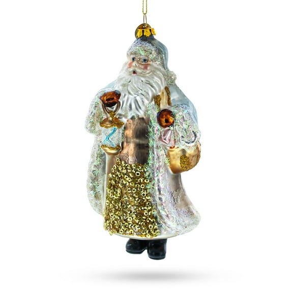 Glittered Santa Holding a Magical Lantern Glass Christmas Ornament