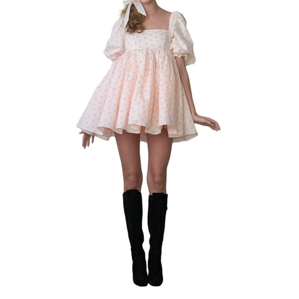 Women Puff Sleeve Babydoll Dress Square Neck High Waist Ruffles Princess Dress Flowy Prom Party Mini Dress